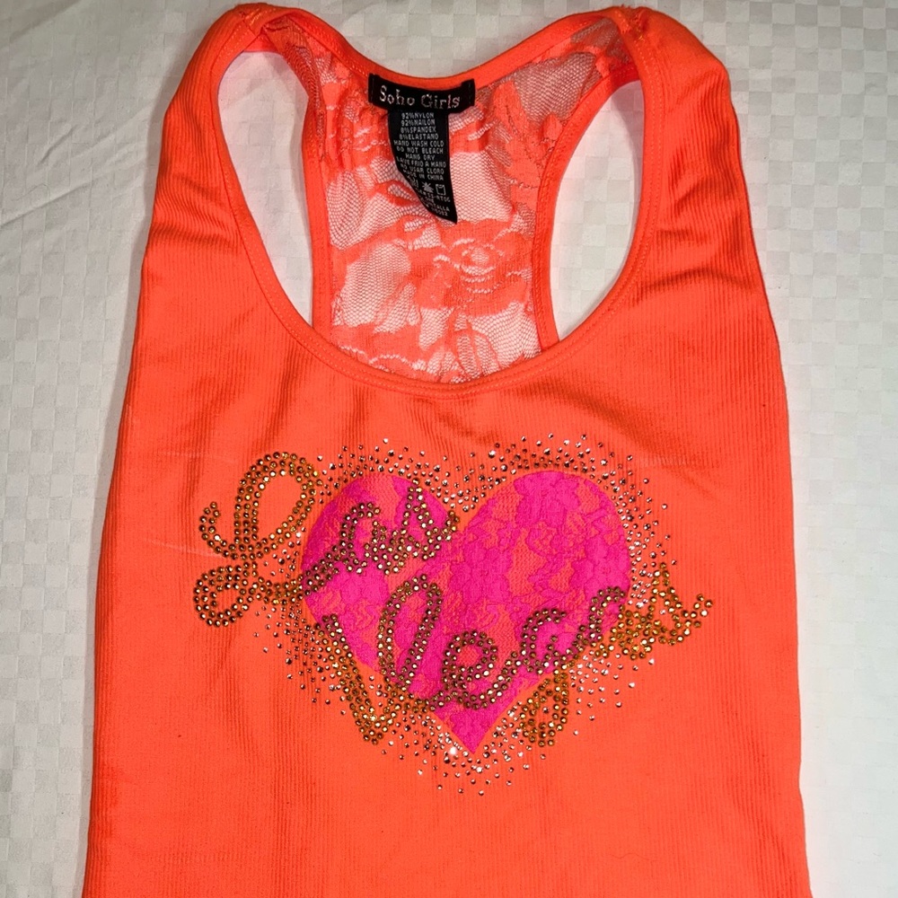 Hardly Worn Neon Orange “Las Vegas” Stretchy Tank with Lace Back Soho Girls